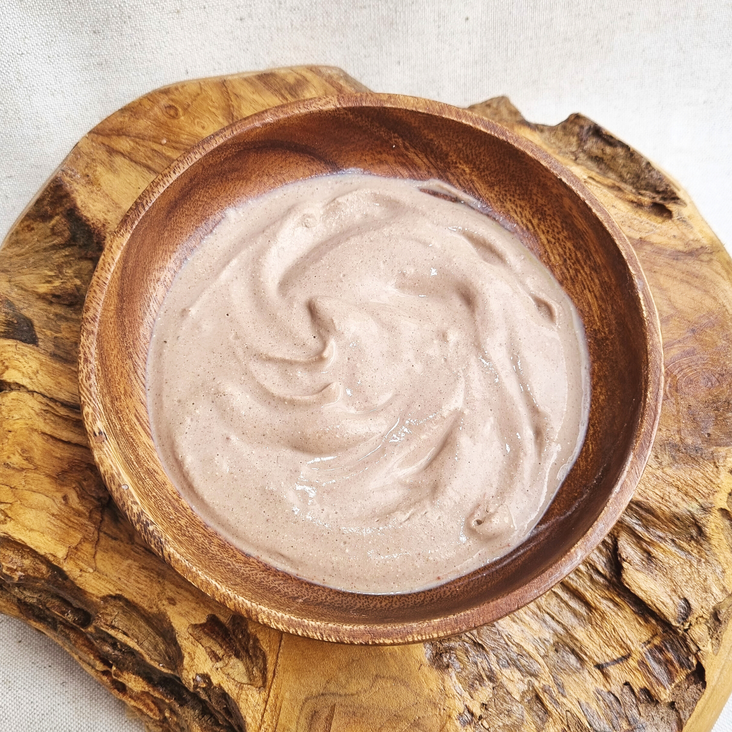 'Mask for Days' Organic Detoxification Clay with frankincense resin and rose petals. Hydrated powder in acacia bowl.